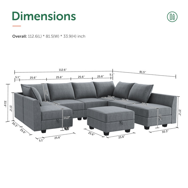 Modular U shaped Sectional Sofa with Storage Ottoman, Bluish Gray Polyester
