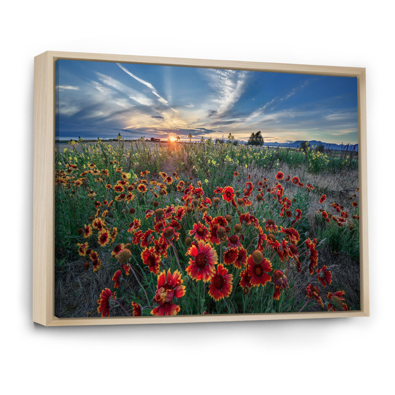Fleurs jaune vif au coucher du soleil - œuvre d'art traditionnelle sur toile, H 12 po x l 20 po x P 1 po