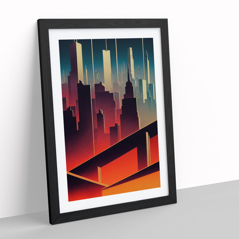 A City Skyline Sunset No.1 Abstract - Single Picture Frame Print, Black, 64cm H x 46cm W