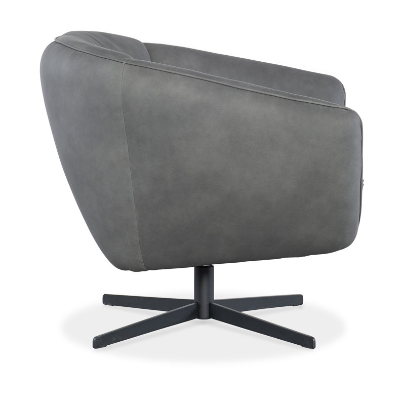 Gray Leather Barrel Swivel Chair with Metal Base
