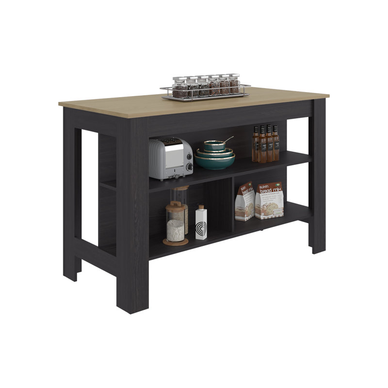 Îlot de cuisine large avec plateau de table spacieux, 3 tablettes de rangement ouvertes, quatre pieds robustes et poste de travail de préparation des repas confortable