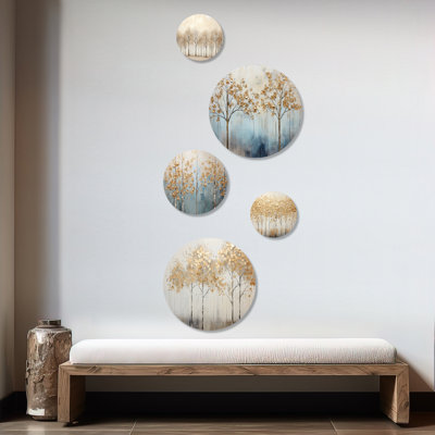Minimalisme Golden Trees Tranquility - ensemble d'art mural rond de 5 arbres