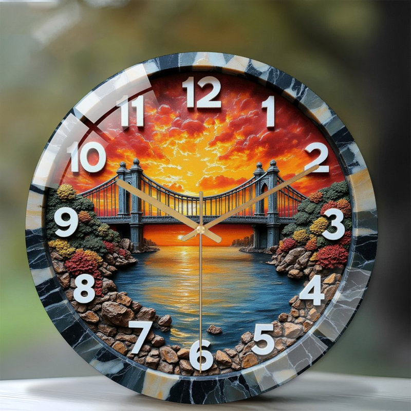 Horloge murale paysage paysage avec pont coucher de soleil - Horloge murale 12 po