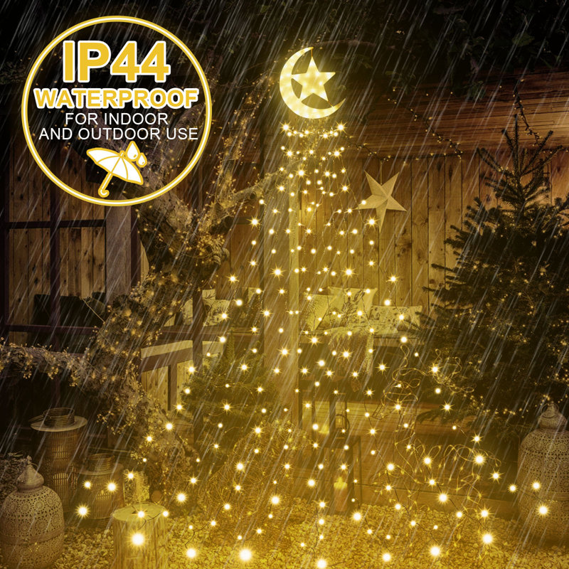 350Leds Waterfall Christmas Tree String Lights With Moon Star Topper, Yellow