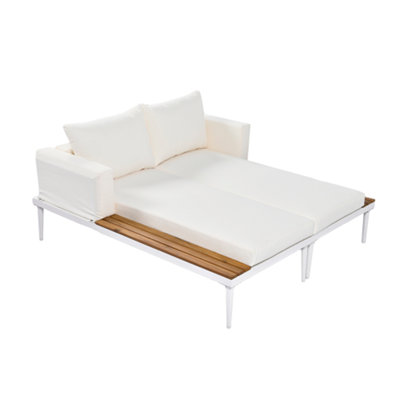 Modern Outdoor Metal Daybed With Wood Topped Side Spaces, 2-In-1 Padded Chaise Lounges For Poolside, Balcony & Deck, Beige