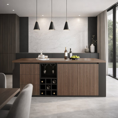 70.8-Inch Kitchen Island Featuring Storage Drawers In Various Sizes, Open Shelving, And A Wine Rack; Kitchen Island With A Dining Area