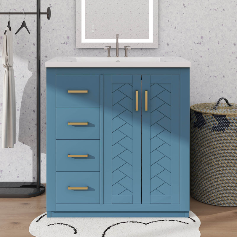 Unité de rangement de meuble-lavabo autoportant moderne 30 po avec lavabo simple et 3 tiroirs, Doré, Indigo