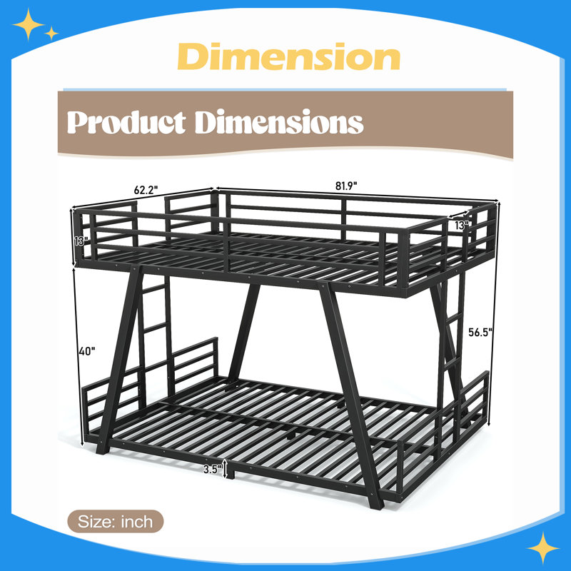 Metal Bunk Bed with Spdcial Support Leg Design, Low Profile Bunk Bed, Queen Over Queen