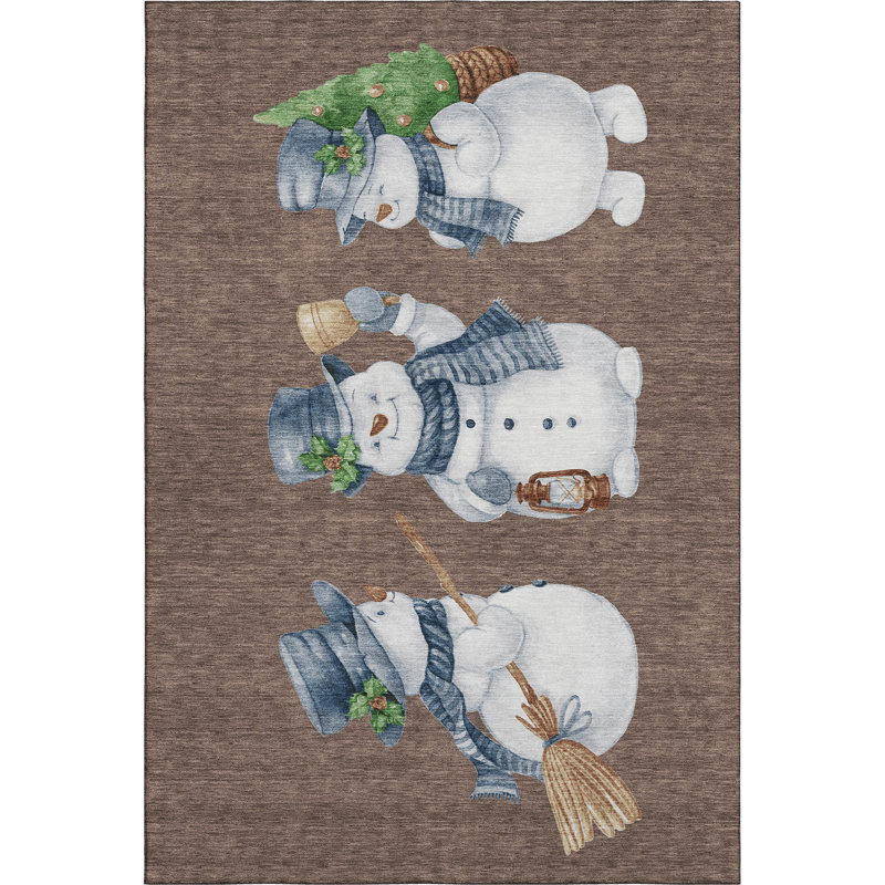 Premium Machine Washable Ingrassellino AMF1826 Happy Snowmen Holiday Rug, Rectangle 2'6" x 3'10"