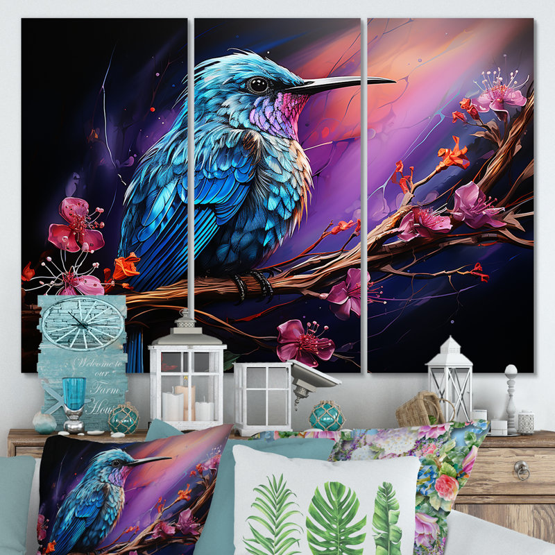 Colibri bleu floral Twilight Wonder - Art mural colibri, Toile tendue, H 32 po x l 48 po