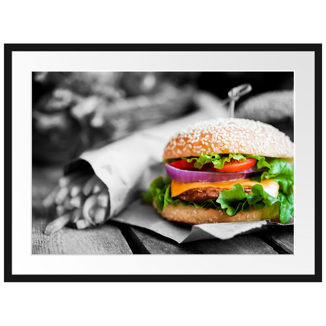 Gerahmtes Poster Burger mit Pommes