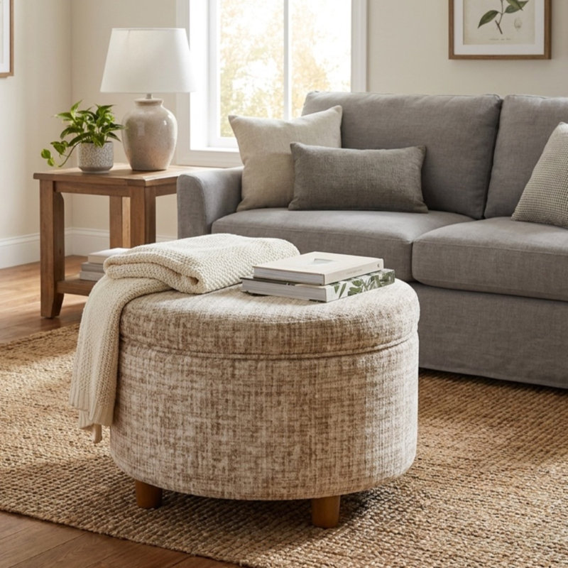 Grand repose-pieds rond avec rangement texturé crème HomePop, Tissé crème