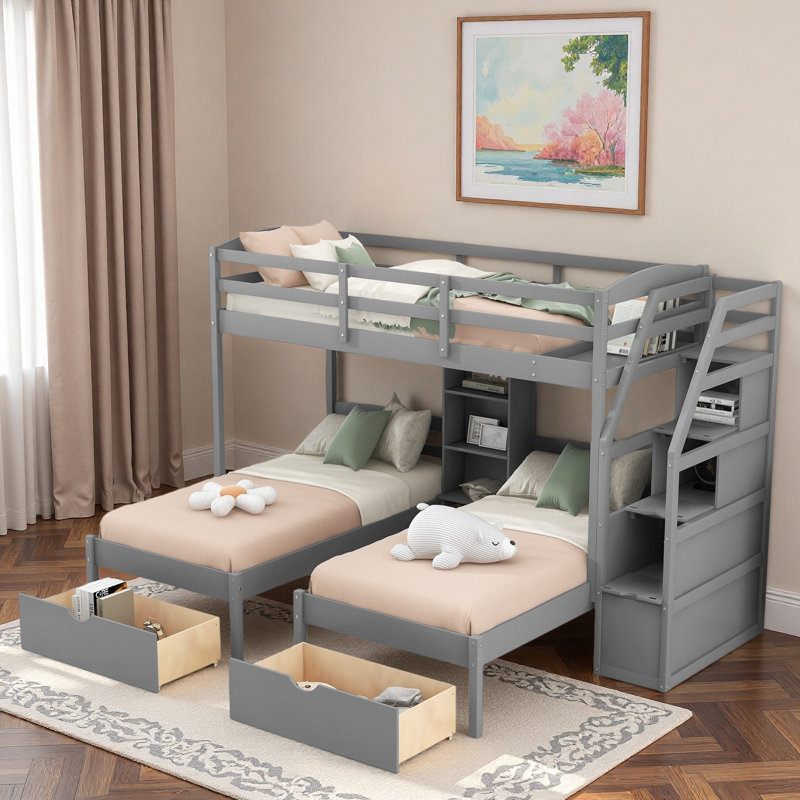 Lit superposé avec tiroirs, escalier de rangement et tablettes intégrées