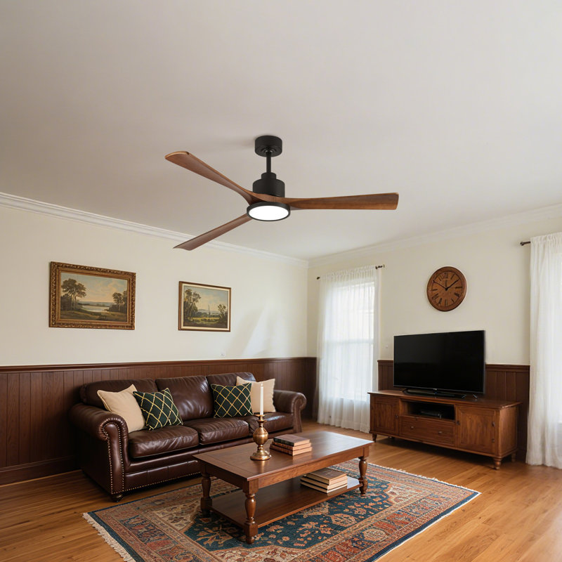 52 po Ventilateur de plafond intérieur en bois massif à 3 pales avec lumière DEL et télécommande