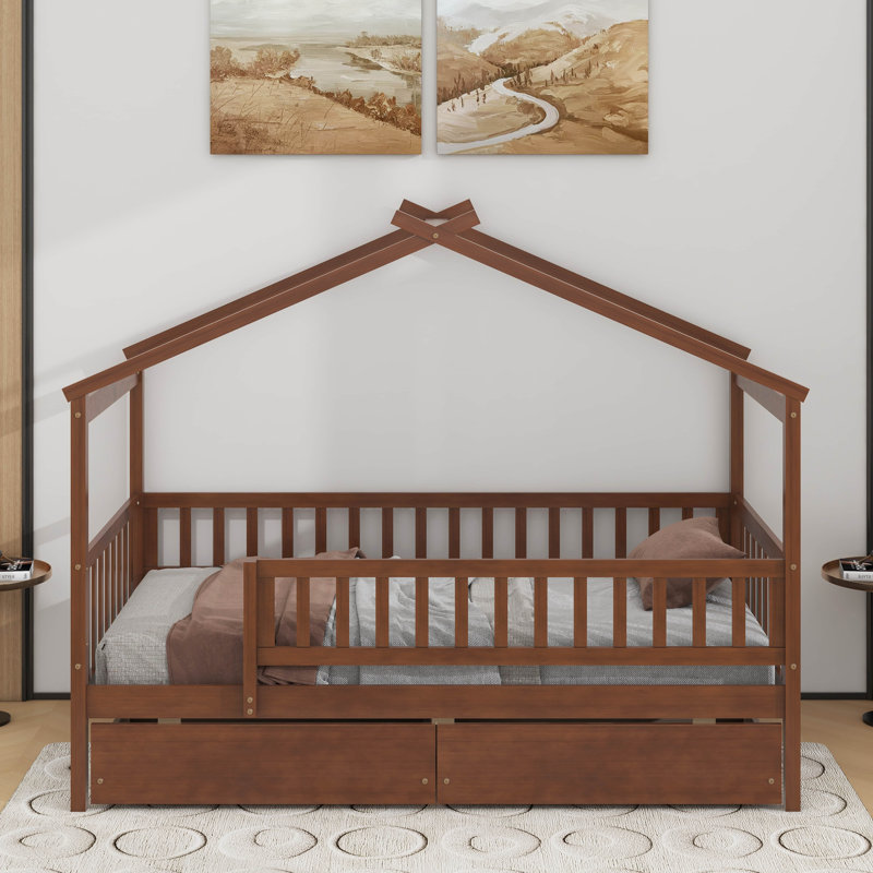 Twin wooden house bed with drawers, Noyer