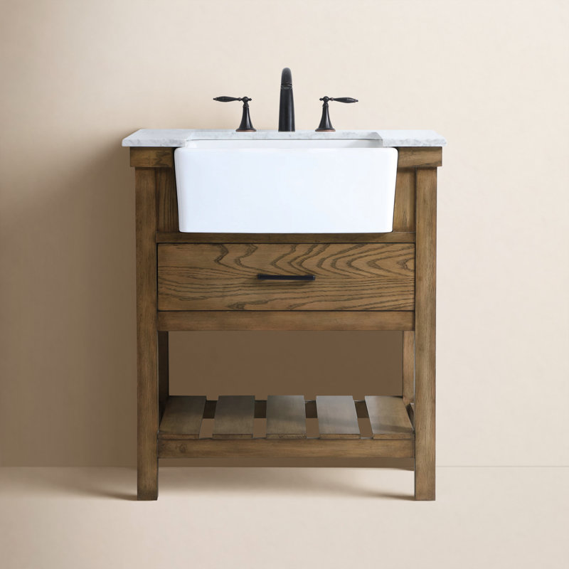 Pelaghia 30'' Single Bathroom Vanity with Carrara Marble Top, Dark Brown