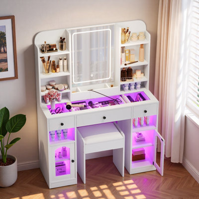 Vanity Desk With Led Mirror, Glass Top, 3 Drawers, Storage Shelves And Stool