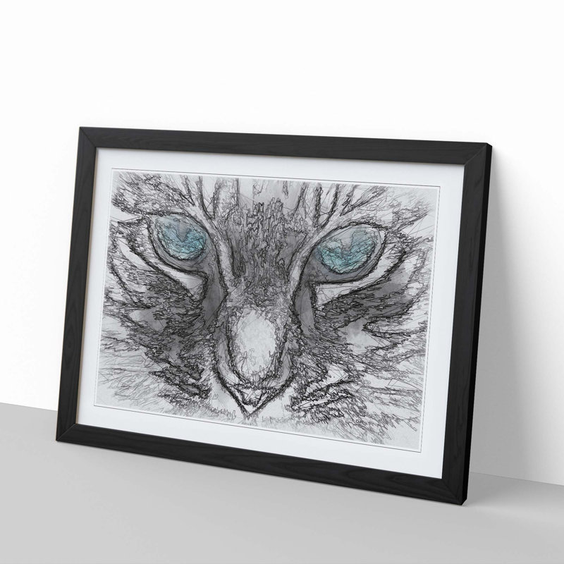 Bright Blue Cat Eyes in Abstract - Picture Frame Painting Print, Black Framed, 36cm H x 48cm W x 2cm D