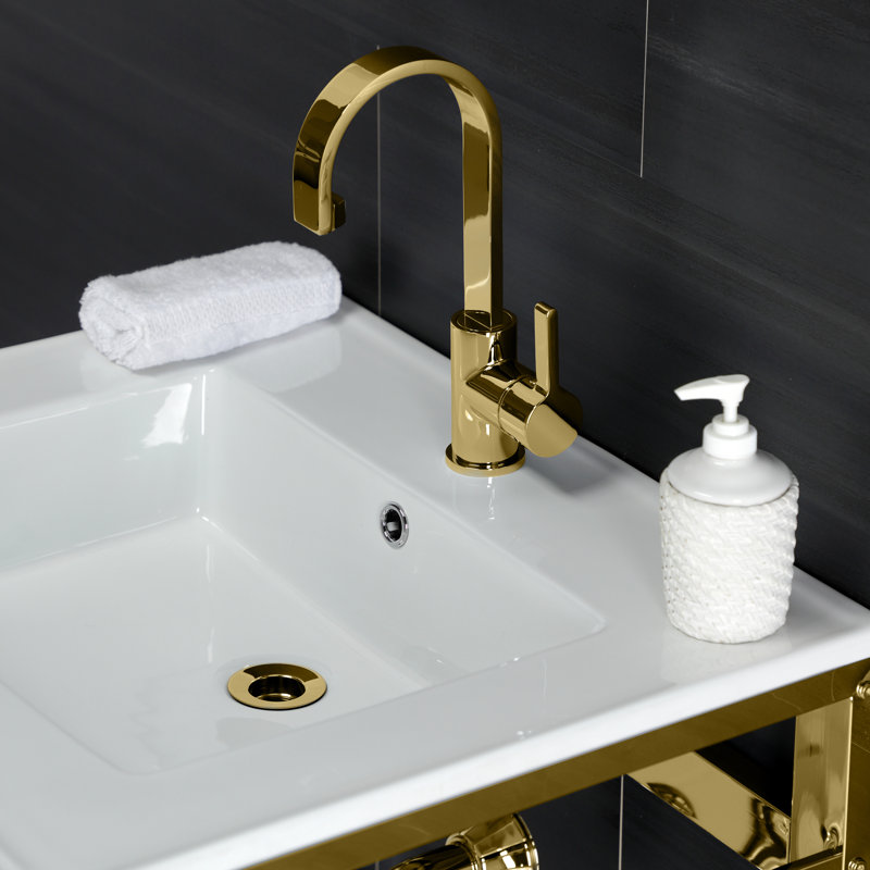 Lavabo de salle de bain console en céramique avec trop-plein, Blanc / laiton poli, Simple