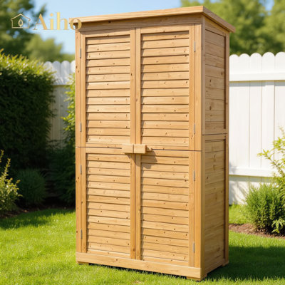 Armoire de rangement extérieure en bois 63,2 po Aiho avec tablettes réglables, portes doubles verrouillables, finition naturelle pour la cour, le jardin et le patio