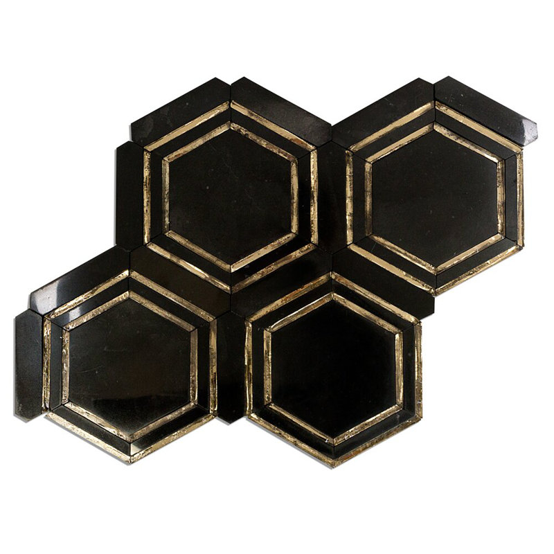 Helix 4" Hexagon Polished Nero Marquina Marble & Glass Mosaic Tile