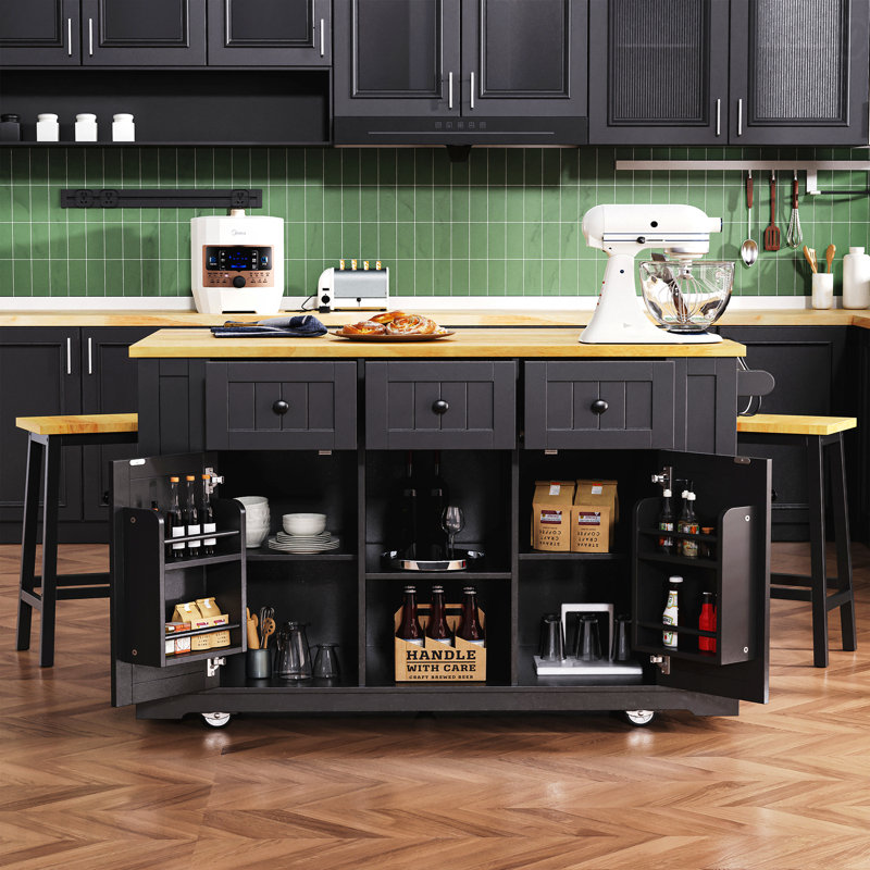 53Inch Large Kitchen Island With 2 Bar Stools, Power Outlet,Door Internal Storage Rack, Kitchen Storage Cart On 5 Wheels With Drop Leaf, 5 Open Side Racks, 3 Drawers, For Kitchen,Dining Room