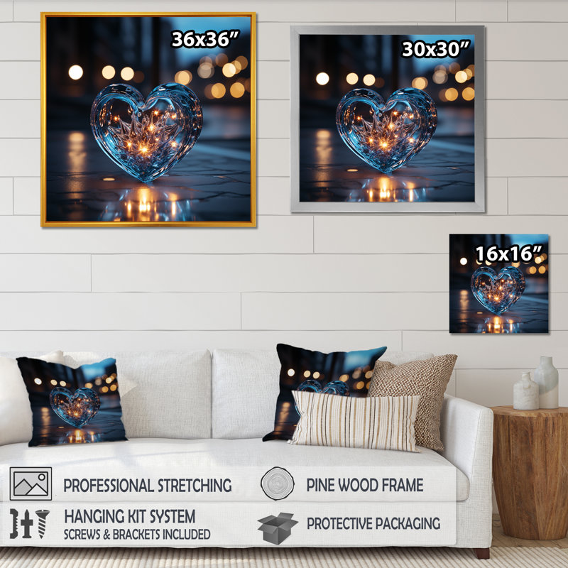 «Blue Neon Heart Shape I», reproduction sur toile, H 24 po x l 24 po x P 1 po, Or