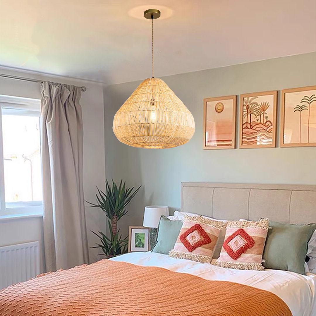 Large Boho Natural Rattan Pendant Light Modern 21" Wide Hanging Light in Brass Finish Bayou Breeze