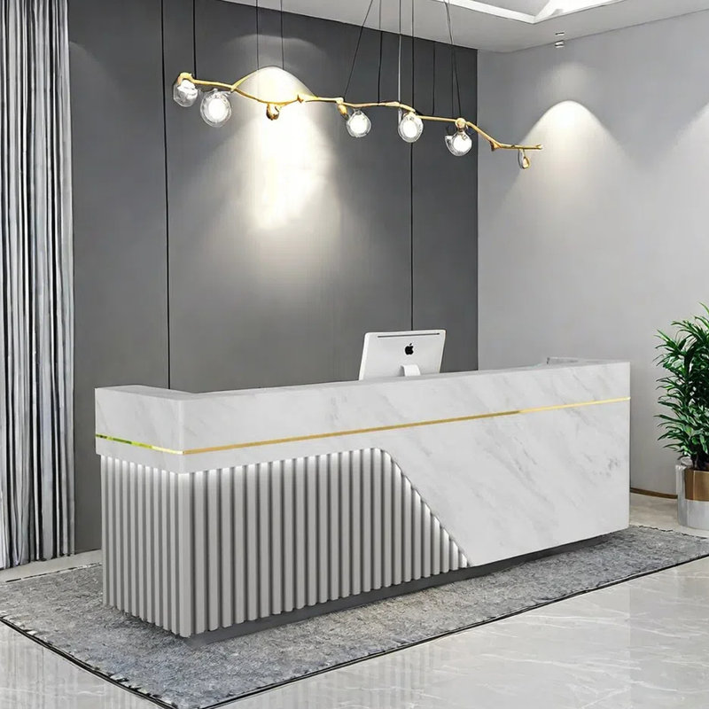 110.23” Modern Writing Desk, Computer Table & Front Desk, White/Grey