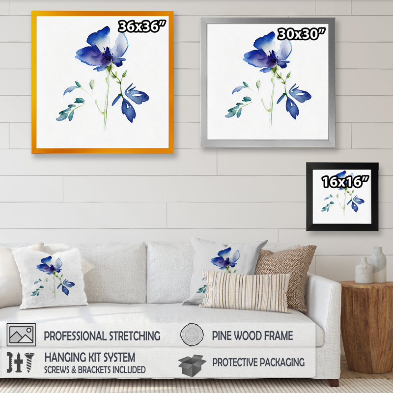 «Blossoming Blue Retro Flower VI», reproduction sur toile, H 16 po x l 16 po x P 1 po, Impression dorée sur toile encadrée