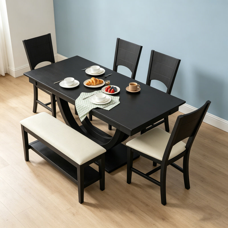 Ensemble de table de salle à manger 6 pièces demi-rond en bois moderne avec banc long et 4 chaises, Gris