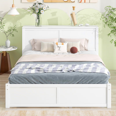 Grand lit plateforme avec rangement gigogne simple TG, construction en bois massif blanc et solide, construction de gigognes et de gigognes pour chambre à coucher, tête de lit fonctionnelle