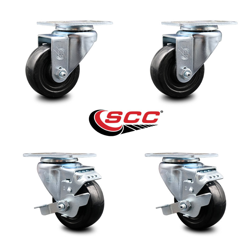 3 Inch Hard Rubber Wheel Swivel Top Plate Caster Set with 2 Brakes SCC|SCC-20S314-HRS-2-TLB-2