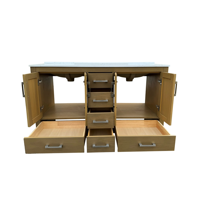 Meuble-lavabo de 55 po avec lavabos doubles et trou pour robinet, lavabo de rangement en chêne 4 portes, 6 tiroirs, comptoir, céramique, mécanisme de fermeture en douceur pour utilisation sans effort, lavabo en céramique, contreplaqué de bois massif