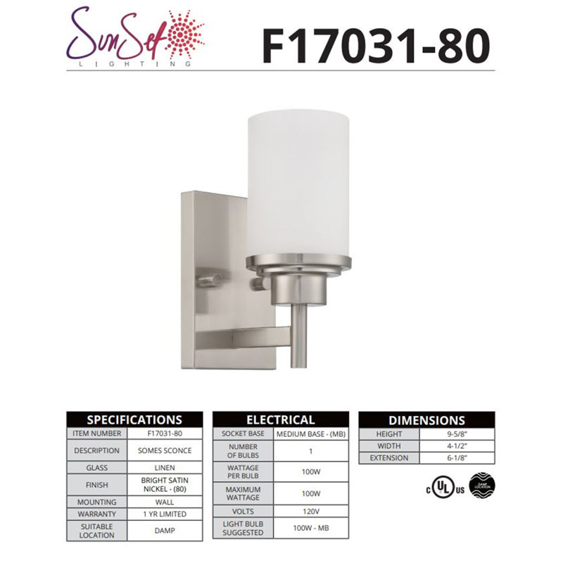 Dimmable Bath Sconce, Bright Satin Nickel