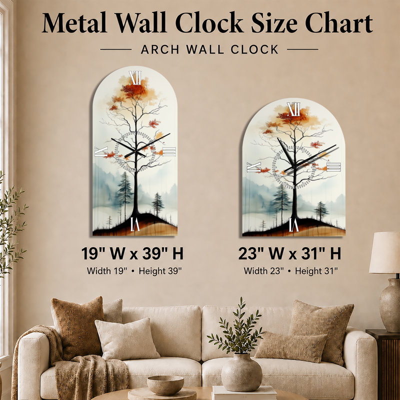 Warm Oak Ember Tree Hills II - Horloge murale en métal arquée Lodge, sans tic-tac, 31" H x 23" W - Arch