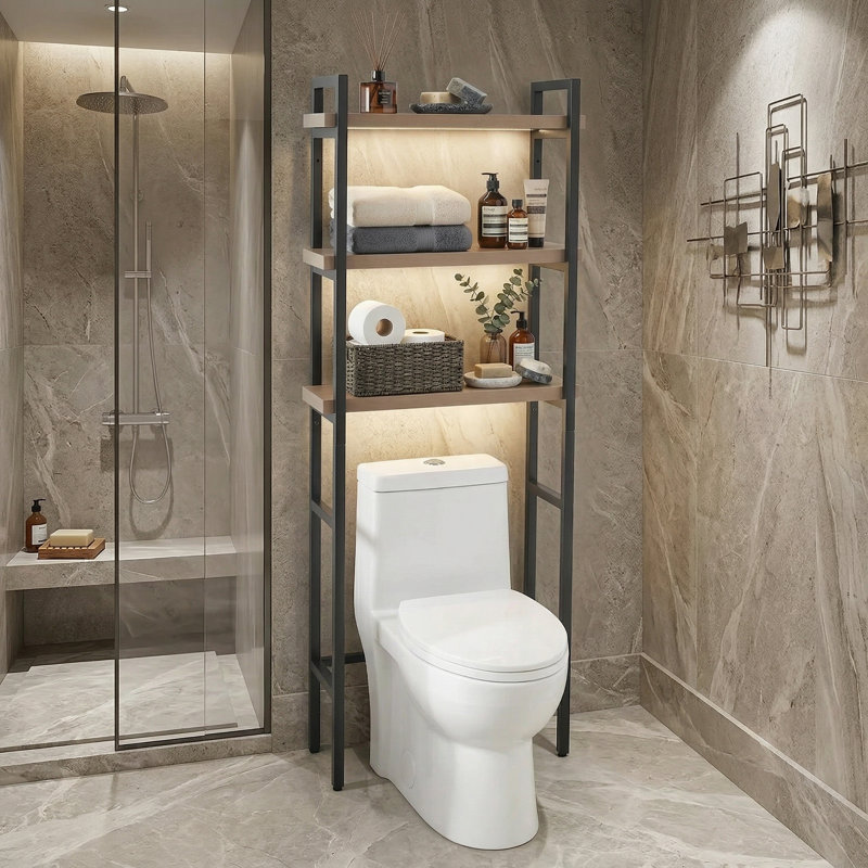 Étagère de toilette à trois niveaux avec cadre noir robuste et tablettes en chêne. Support de rangement peu encombrant et très fonctionnel pour les salles de bain.
