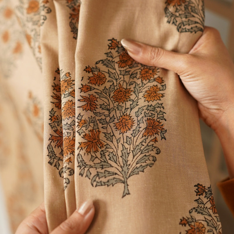 Fabdivine Handmade Floral Block Print Curtains Linen Window Curtains for Bedroom Decor- Virat, 54" W x 72" L