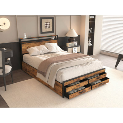Bed Frame With 8 Storage Drawers, LED Headboard With Charging Station, Metal Platform Bed Frame, No Box Spring Needed, Noise-Free, Stable And Solid