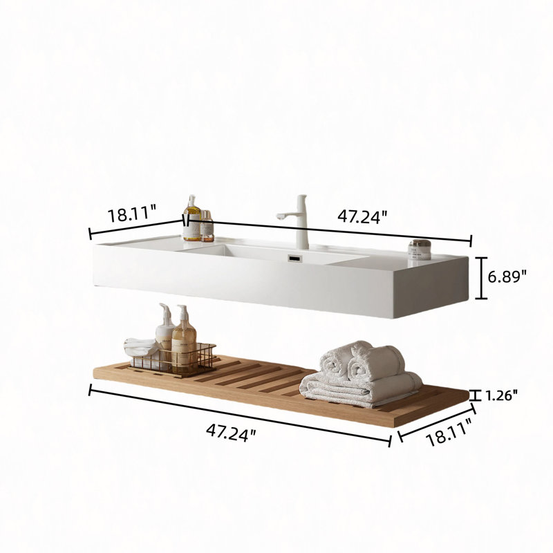 Meuble-lavabo 48 po avec lavabo vasque, lavabo intégré mural rectangulaire en acrylique blanc flottant sans robinet, étagère rayée