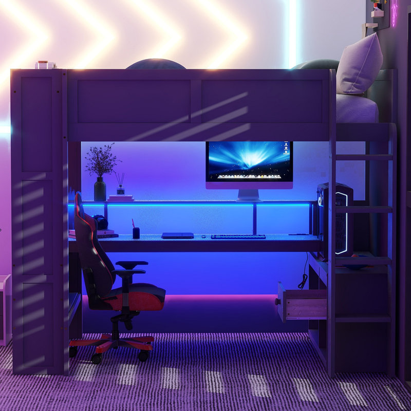 Lit mezzanine en bois avec bureau, tablettes multiples, DEL et station de charge, Gris, Lit double