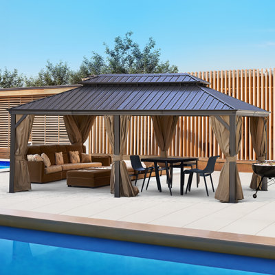 Pavillon de jardin extérieur à toit rigide 12 pi x 20 pi, pavillon de jardin à double toit en métal avec cadre en aluminium, pavillon de jardin avec rideaux et filet pour patio, jardin, fêtes.