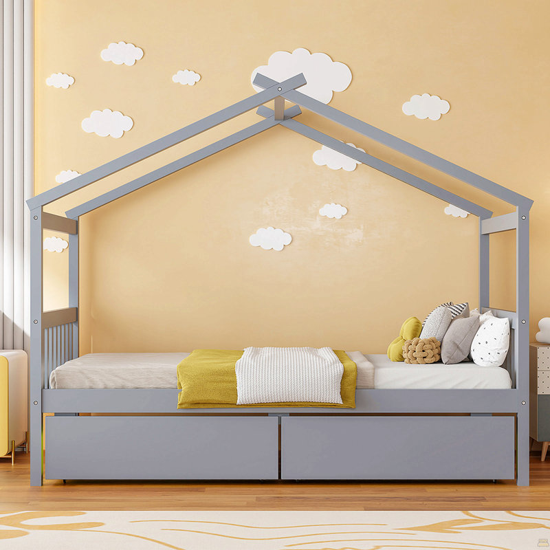 Lit simple en bois avec tiroirs, Gray, Lit simple