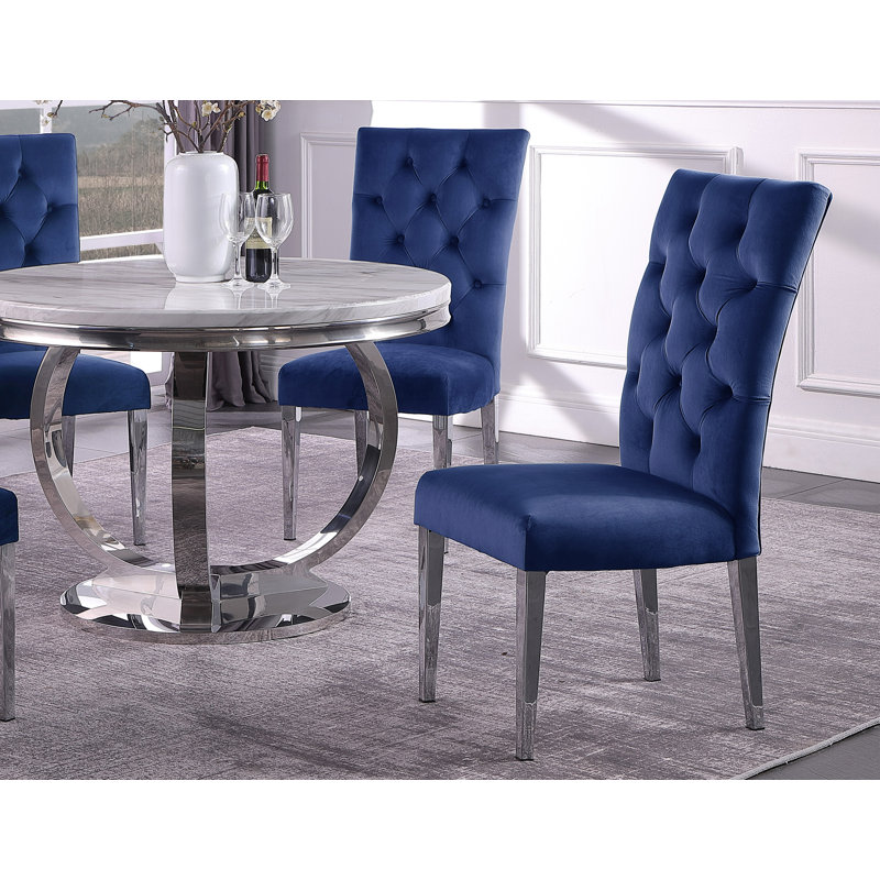 Chaise de salle à manger rembourrée en velours H 18,5 po Beriguette , Bleu, Argent argent