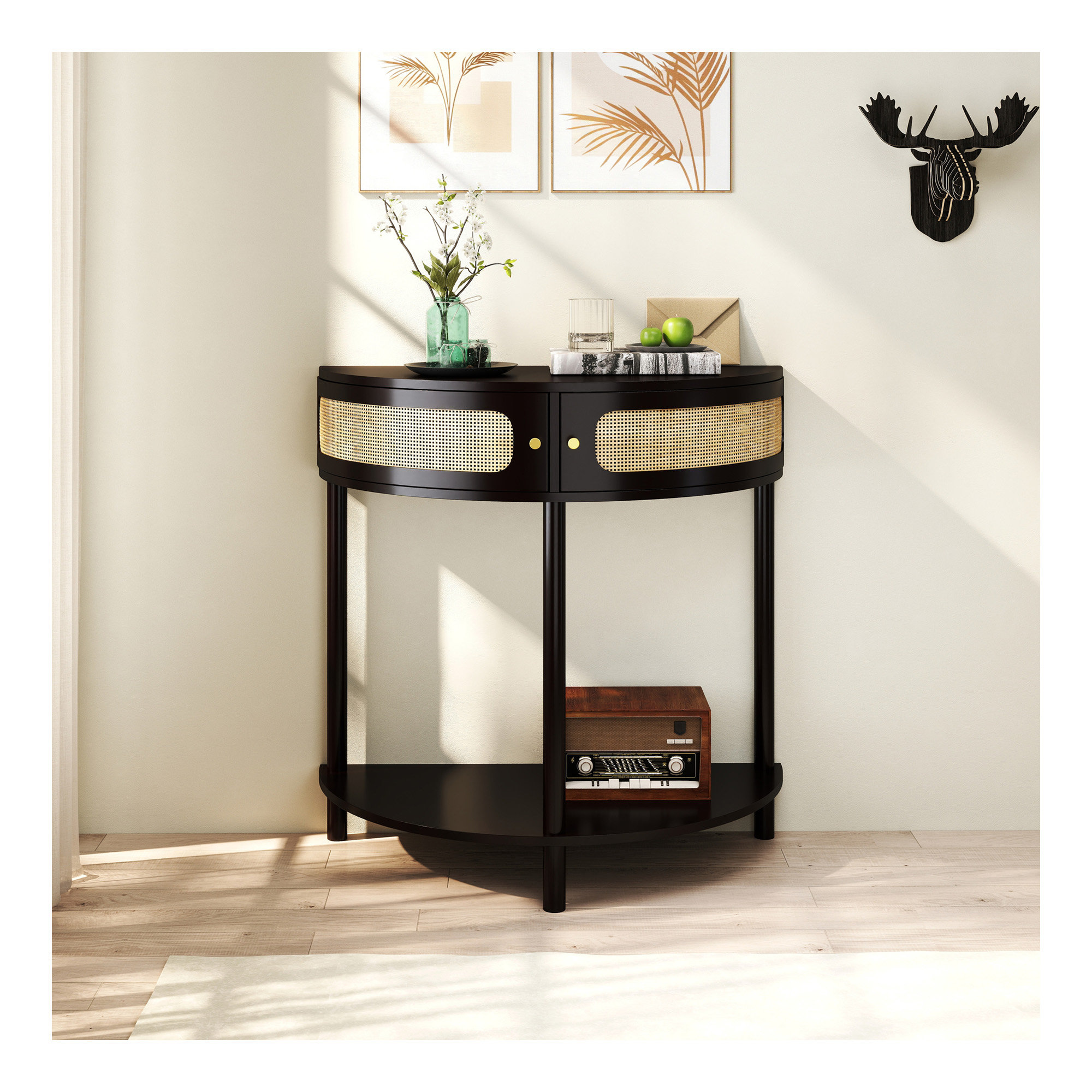 George Oliver Unique Half Moon Design End Table With Sliding Rattan ...