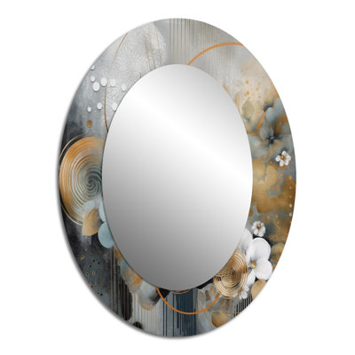 Golden Blue Silky Flower Design III - Large Oval Wall Mirror On Metal