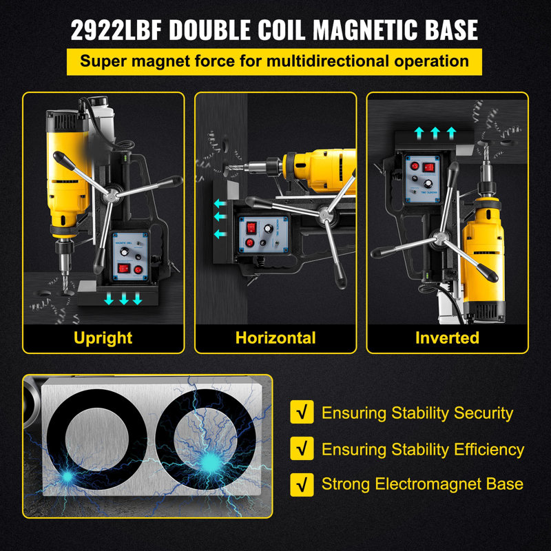 Perceuse magnétique, perceuse électro-magnétique à vitesse continue de 0 à 300 tr / min, perceuse à noyau magnétique de 2 po de profondeur et 2 po de diamètre, perceuse à perceuse de 2922 lbf, perceuse à piston de 1680 watts, perceuse jaune et noire