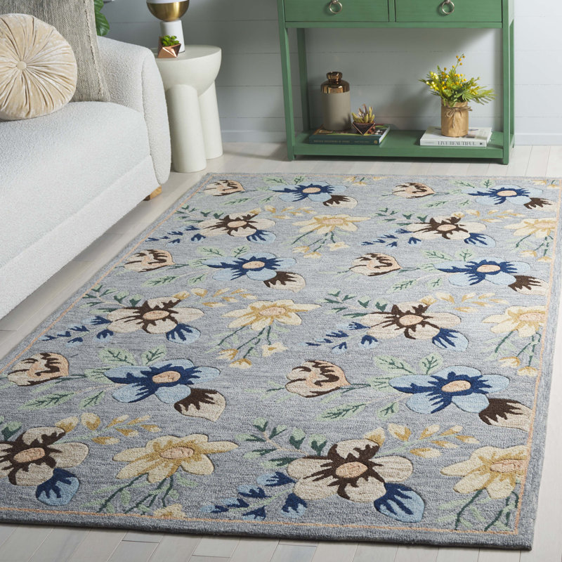 Tapis floral gris / bleu en laine / coton touffeté à la main Abbrielle, Rectangle 5 pi x 8 pi