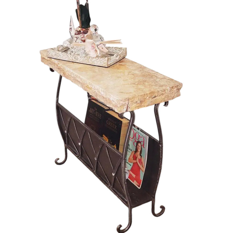 High End Wrought Iron Accent table with Cream Travertine top with Chisel Edge