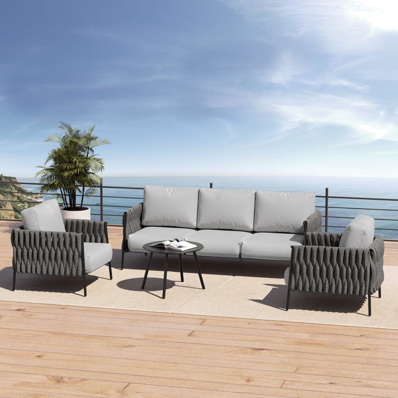 Ensemble de mobilier de patio pour 5 personnes avec table basse et coussin épais, Gris brumeux, Noir terre